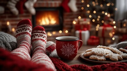 Knitted socks against the backdrop of cozy Christmas decorations and cookies, coffee