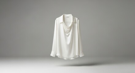 Elegant white silk blouse with draped collar on neutral background