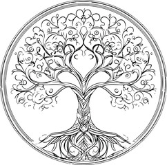 Mandala style tree of life with circular branches, clean black outlines, no fill, white background, usable for tattoo design, logo, or social media element
