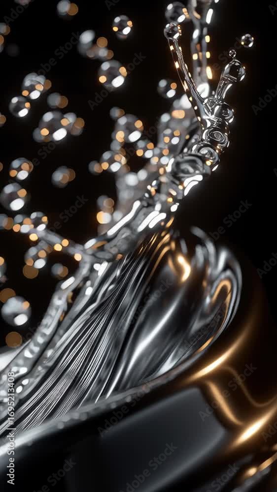 Poster metallic fluid creating dynamic wave, generating luminous droplets against dark surface, cascading w