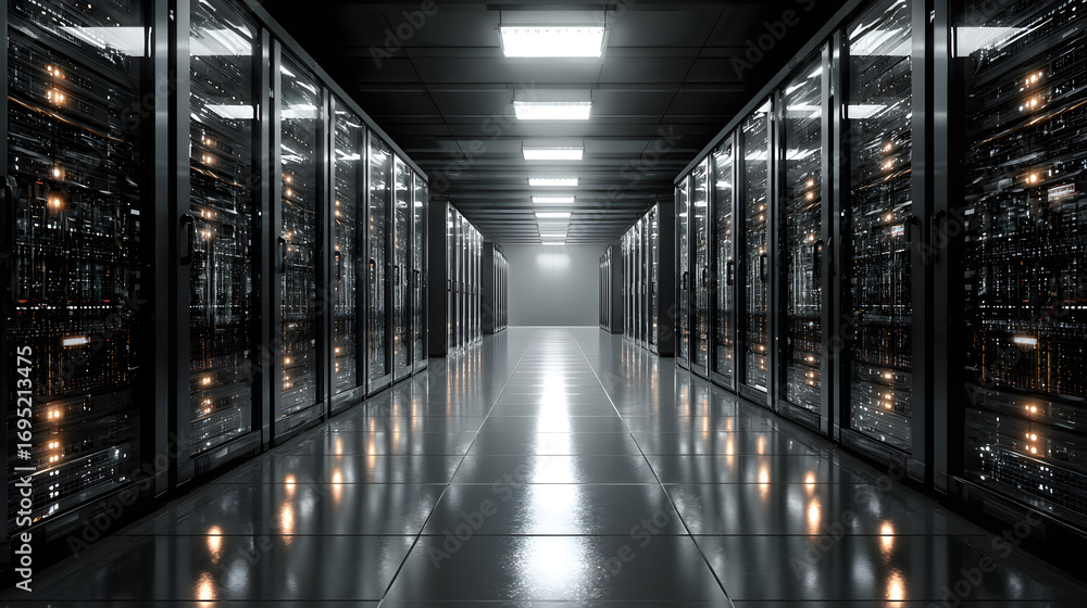 Poster depict a state of the art data center with rows of srver racks, cooling system, and redundant power 