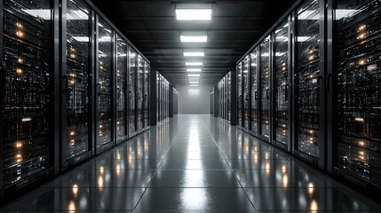 Obraz premium Depict a state of the art data center with rows of srver racks, cooling system, and redundant power suppies