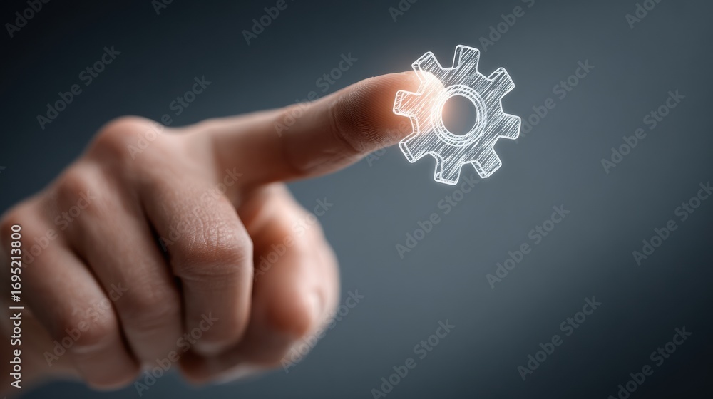 Poster pointing finger interacting with a digital gear icon in a futuristic setting showcasing technology a