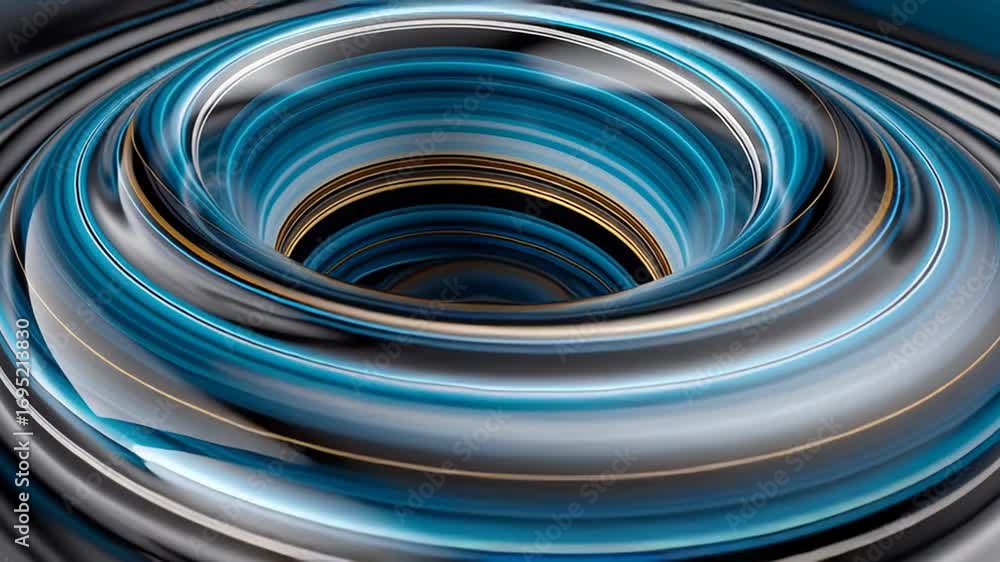 Poster striped geometric sphere sinking through viscous liquid, creating hypnotic swirling vortex with dyna