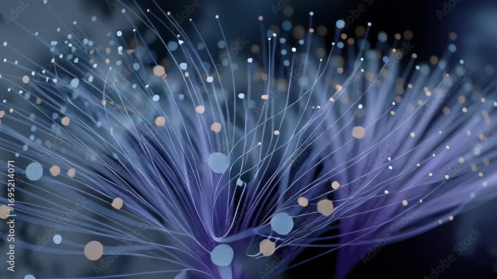 Poster glowing fiber optic strands transmitting digital signals through dark environment, highlighting comp