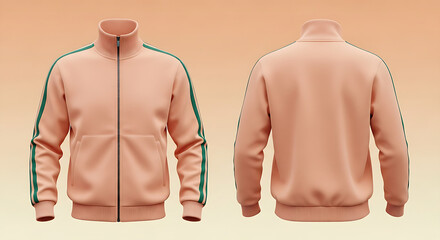 Salmon and Green Striped Track Jacket Mockup, Men's Sportswear Apparel for Athleisure and Streetwear Fashion, Front and Back Views.