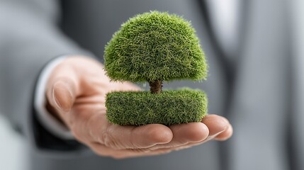 Green Business Concept With Businessman Holding Eco Friendly Tree Model Symbolizing Sustainability Renewable Energy Environmental Care And Growth

