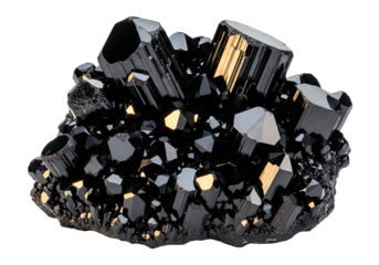 A close-up view of a cluster of lustrous black crystals with hints of gold highlights, showcasing intricate geometric shapes and a striking contrast against a black background.