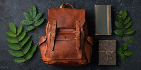 Flatlay of Backpack, Journal, and Leaves for Stylish Workspace and Travel Content