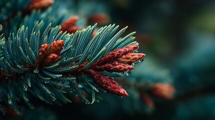 Pine Tree Branch With Green Needles And Red Buds Covered In Dew Drops In Natural Forest Environment