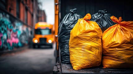 Bright yellow garbage bags are full and ready to be hauled away on a truck.
