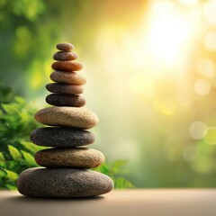 Obraz premium A serene stack of smooth stones, balanced in a tranquil natural setting, evokes a sense of harmony and peace.