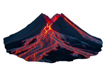 A dramatic volcanic eruption with glowing, fiery lava flows cascading down a dark mountain against a stark black backdrop.