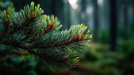 Pine Tree Branch With Fresh Green Needles In Misty Forest Background Representing Evergreen Nature, Growth, Wilderness And Natural Beauty

