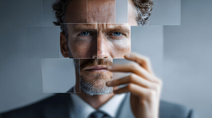 Businessman placing artificial face over real face smbolizing deepfake identit manipulation multiple peronality and digital decepton concept
