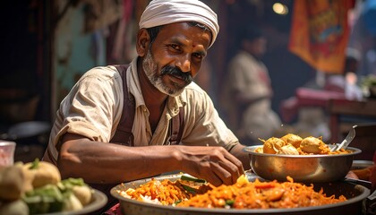 A smiling street food vendor in a bustling market, preparing and serving delicious dishes.