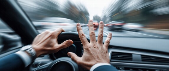 A driver's hand reaches forward during a fast-paced driving experience with heavy traffic.