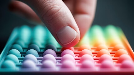 Finger pressing down on a colorful pop-it toy, creating a sensory experience.