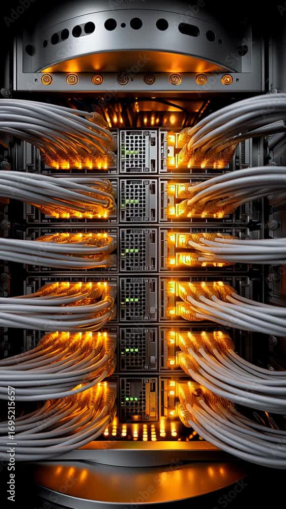 Poster network activity increases in a server rack with flashing lights, cables, and electronic components,