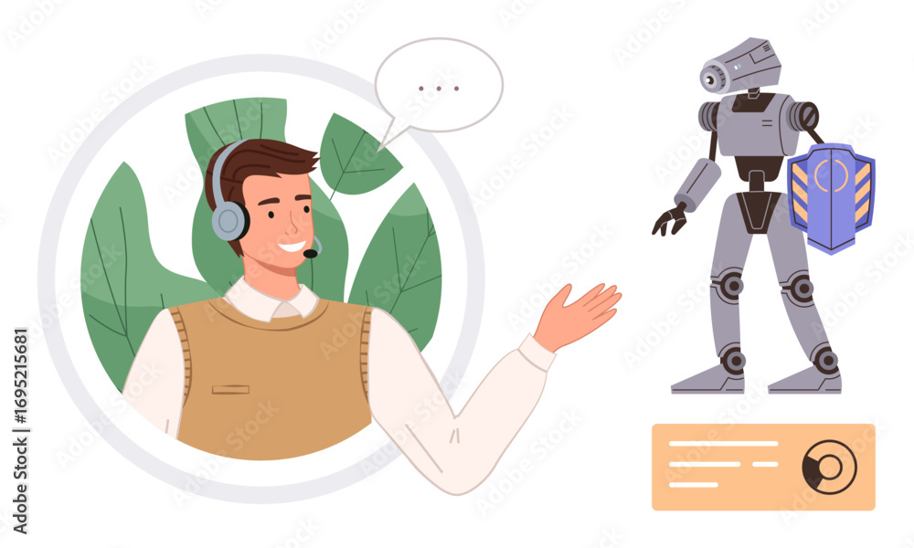 Poster man wearing a headset discussing with a robot assistant holding a shield. ideal for teamwork, ai int