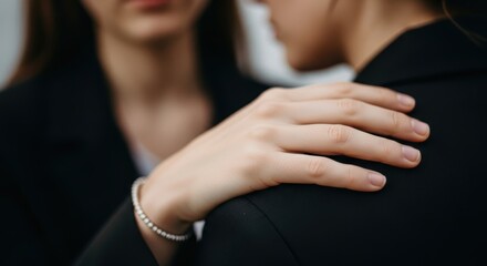 Female comforting gesture: supportive hand on shoulder