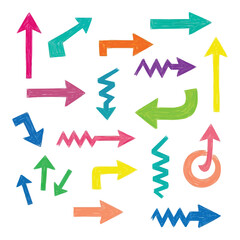 Colorful hand drawn arrow collection pointing direction diverse shapes and sizes isolated on white vector