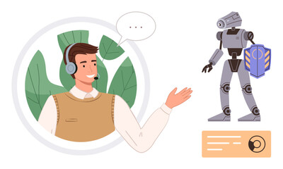 Man wearing a headset discussing with a robot assistant holding a shield. Ideal for teamwork, AI integration, customer service, innovation, communication, technology, problem-solving. Flat design