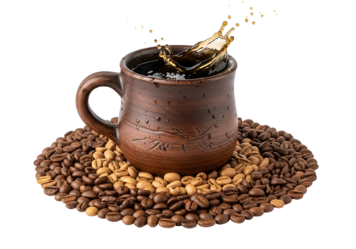 A rustic, terracotta coffee mug filled with dark coffee, a splash of liquid, and encircled by a vibrant mix of coffee beans.