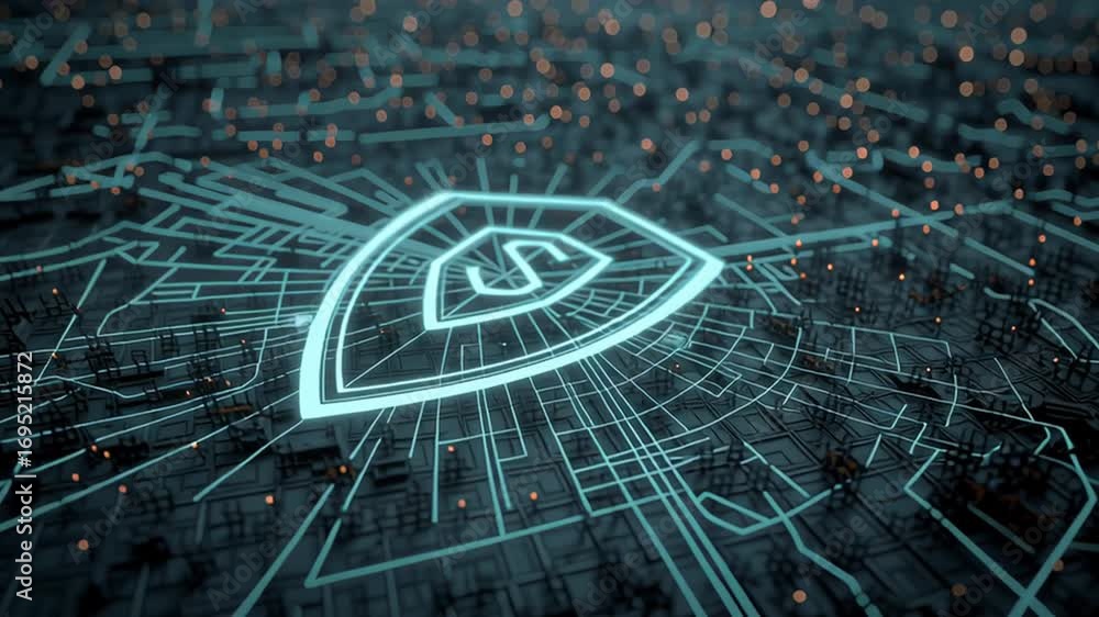 Poster luminous dollar sign protected within shield, hovering over digital network background, symbolizing 