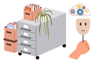 Filing cabinet with document boxes, potted plant, hand holding a mask, and thought gears. Ideal for organization, identity, workplace dynamics, psychology, creativity introspection simple flat