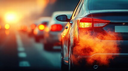 Cars stuck in traffic on a road, with exhaust fumes in the sunset.