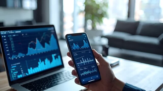 スマートフォンでビジネスチャートやデータを確認する手元のシーンです。背景にはノートパソコンが置かれ、モダンで清潔なオフィス環境を演出。