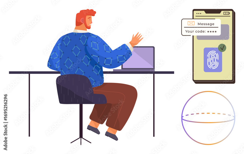 Poster person working on laptop while multi-factor authentication is displayed on smartphone screen. ideal 