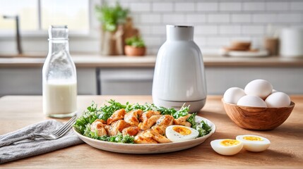 A delicious and nutritious breakfast spread with eggs, chicken, and fresh salad on a wooden table.