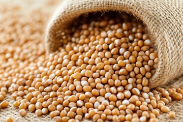 Obraz premium Close-Up of a Burlap Sack Spilling Golden Seeds, Showcasing Their Textured Surface and Natural Color, Ideal for Agriculture or Culinary Uses