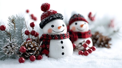 Obraz premium Cheerful festive snowmen adorned with plaid scarves evoke winter holiday spirit and cozy Christmas celebrations