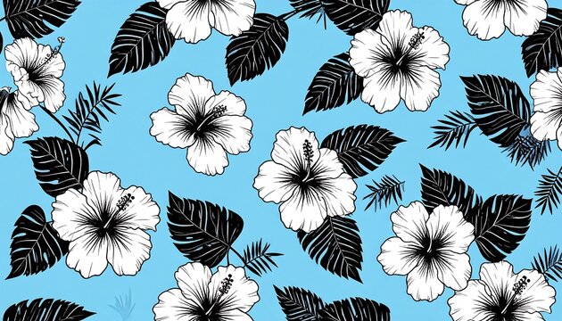 A repeating pattern of hibiscus flowers and tropical leaves in black and white, set against a light blue background. - Powered by Adobe
