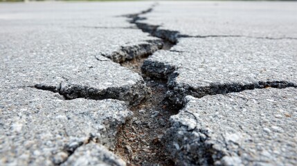 A detailed close-up of a cracked asphalt road, showing the damage and textures.