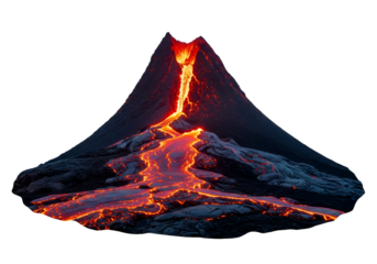 Molten lava flows down the side of a volcano at night, illuminating the dark landscape.