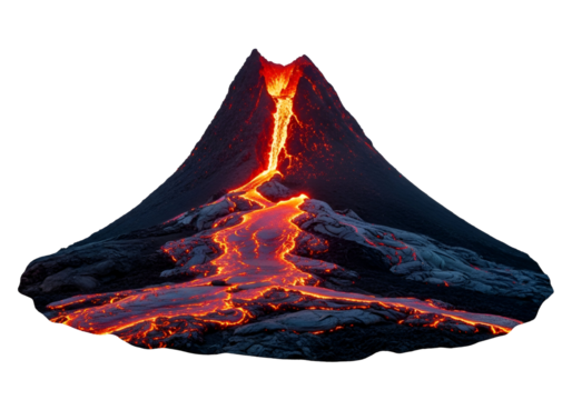 Molten lava flows down the side of a volcano at night, illuminating the dark landscape.