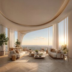 Obraz premium A spacious, modern living room with panoramic city views boasts a curved architectural design and warm neutral tones.