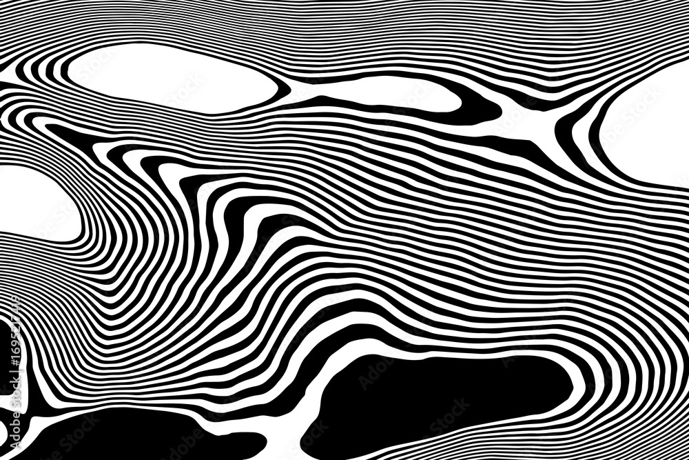 Poster dynamic optical art pattern. abstract flowing black and white lines creating a texture. eps 10
