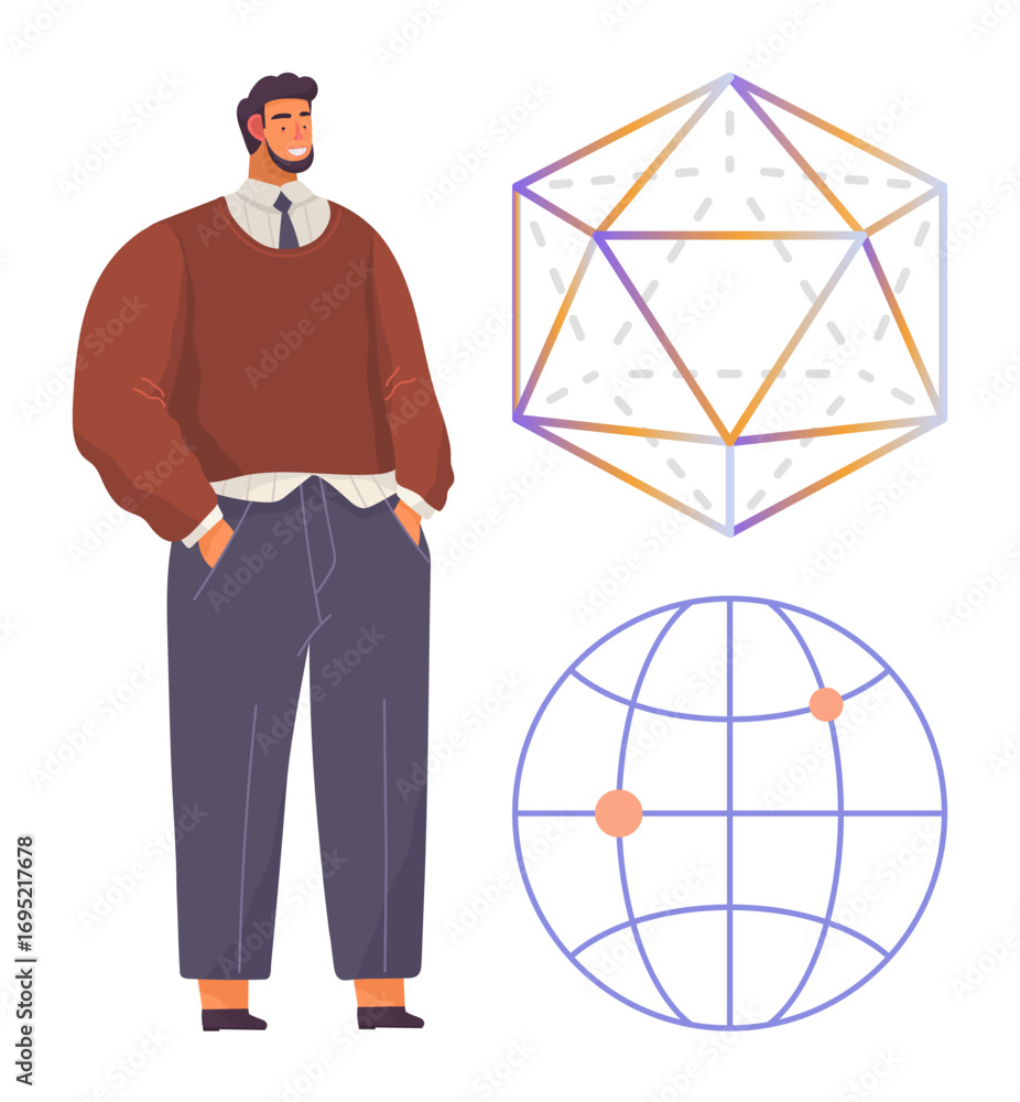Poster man in casual business attire beside a wireframe dodecahedron and a globe with points marked. ideal 