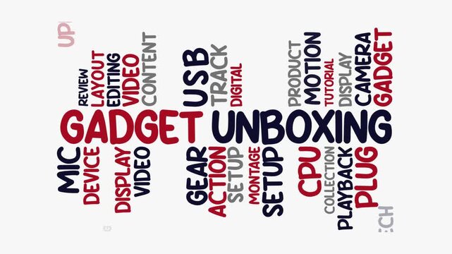 Gadget Unboxing concept Animated Tag Word Cloud kinetic typography, Text Design Animation typography seamless loop video motion graphics Intro 4k,  Word Art Looping Text effects red blue grey typ