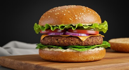 A close-up shot of a delicious plant-based burger featuring a thick veggie patty, fresh lettuce, sliced tomatoes, red onions, and cheese, served on a toasted bun atop a wooden board
