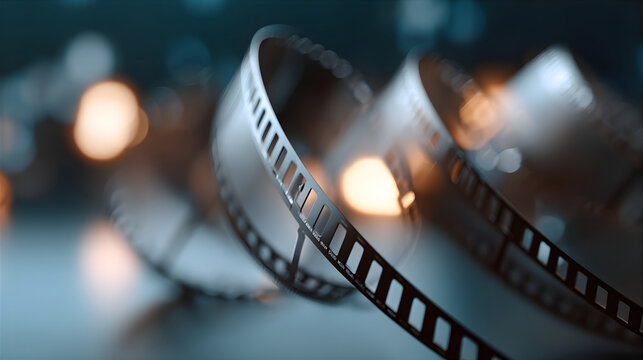 Old vintage film strip with motion picture material. Classic movie reel cinema background. Retro video filmography concept.