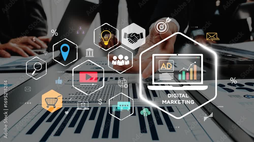 Poster a vibrant creative workspace showcasing digital marketing icons and data analysis, emphasizing teamw