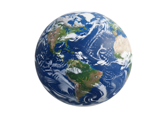 A detailed global view of planet Earth, showcasing its continents, oceans, and atmospheric patterns, against a dark backdrop.