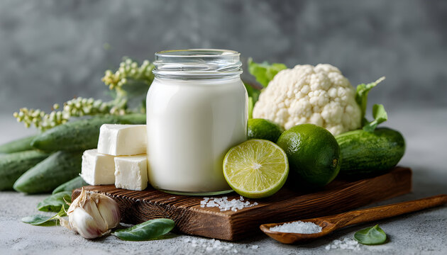 A display of yogurt, lime, and other probiotic-rich foods, symbolizing gut microbiota restoration and healthy eating