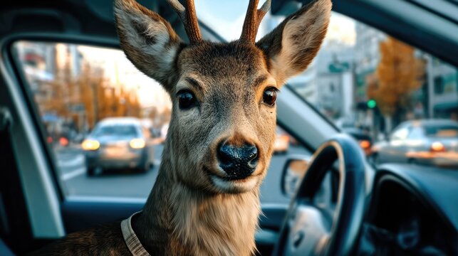 Clumsy driver chaos: lost deer, confused motorist, road mistake, careless turn, silly traffic, wrong lane, unexpected stop, street hazard, beginner steering, awkward moment